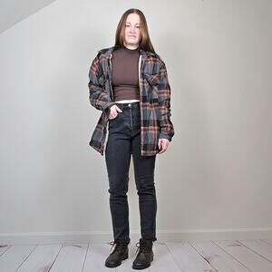 Vintage 90s Y2K Plaid Sherpa Flannel Shacket Gray Black Large